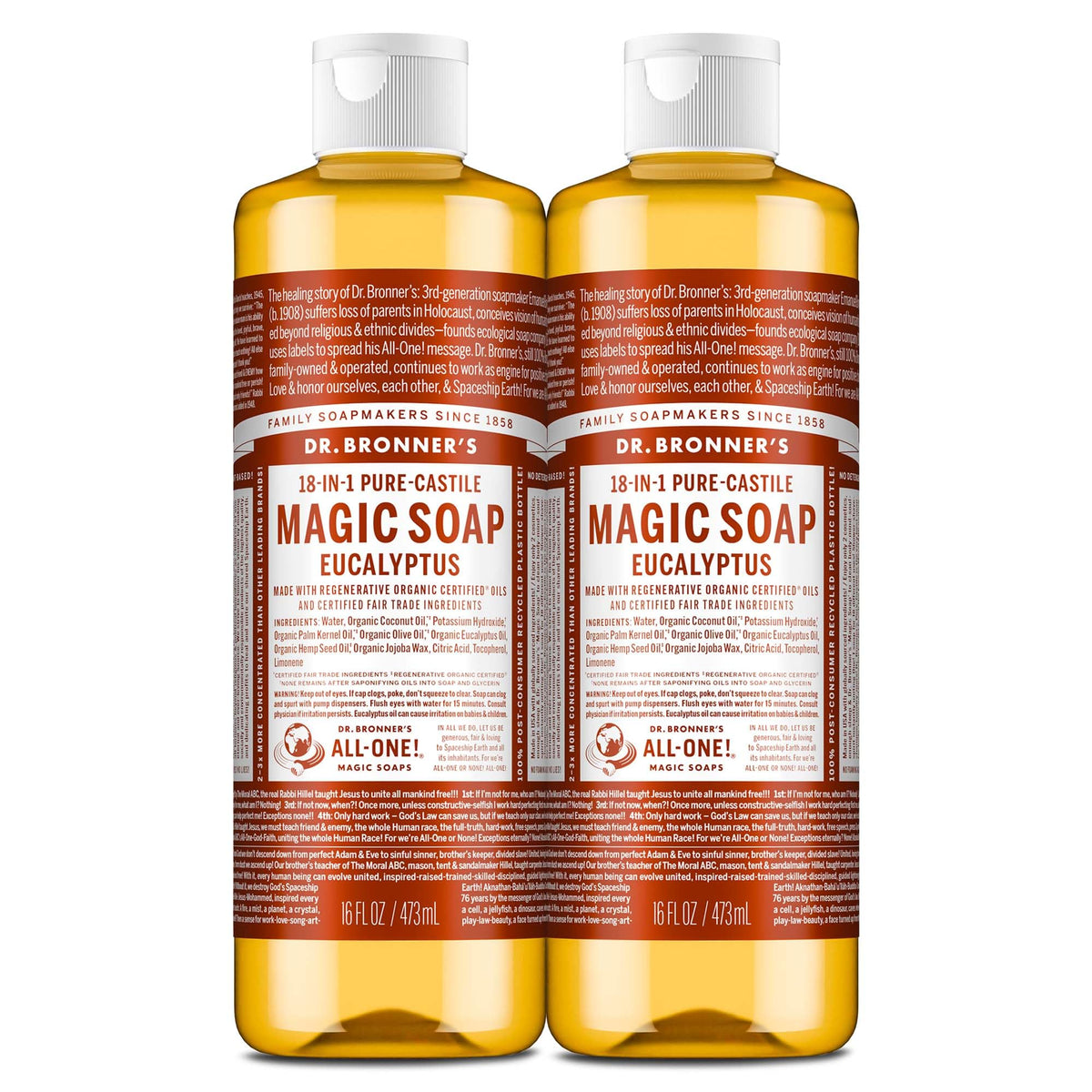 Dr. Bronner's eucalyptus bottle front view showing label and fresh scent benefit