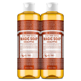 Dr. Bronner's eucalyptus bottle front view showing label and fresh scent benefit