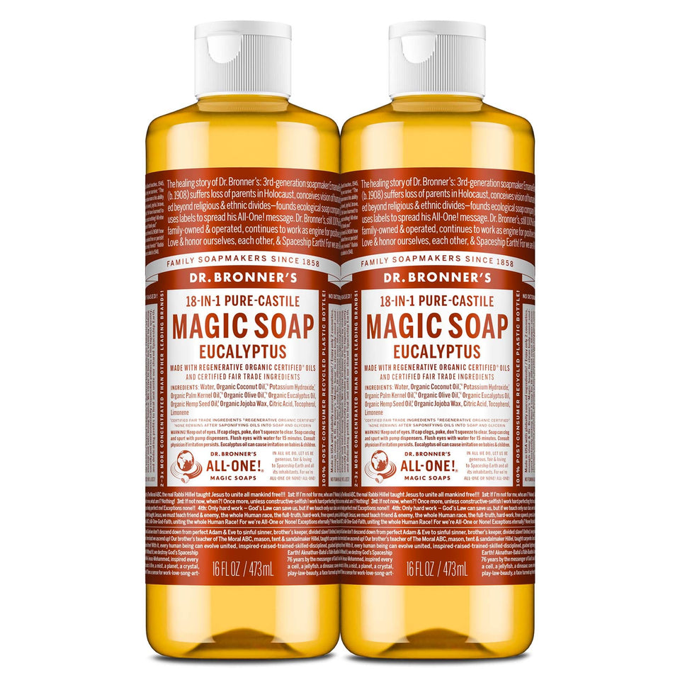 Dr. Bronner's eucalyptus bottle front view showing label and fresh scent benefit
