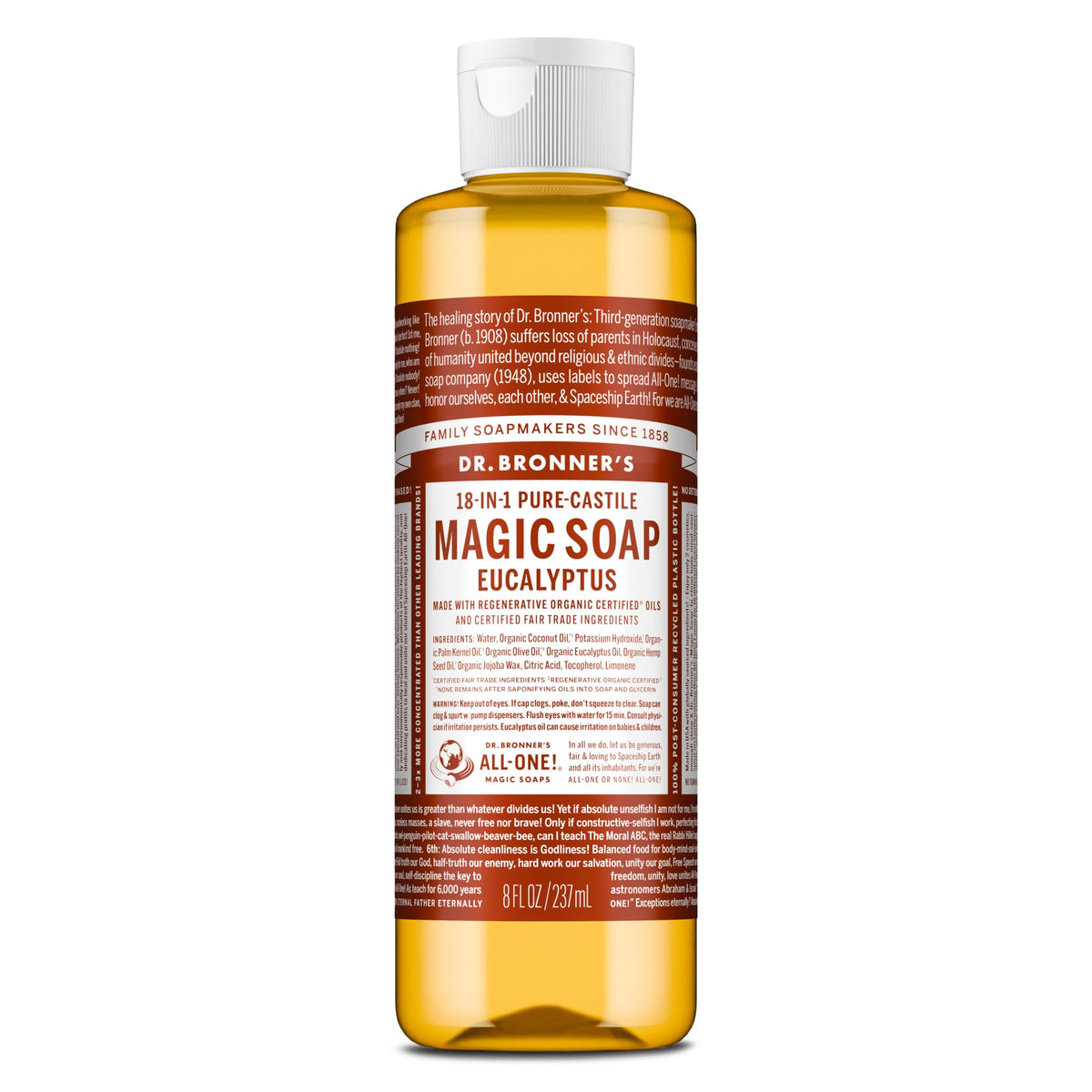 Dr. Bronner's eucalyptus front packaging showing clear brand and scent for quick recognition