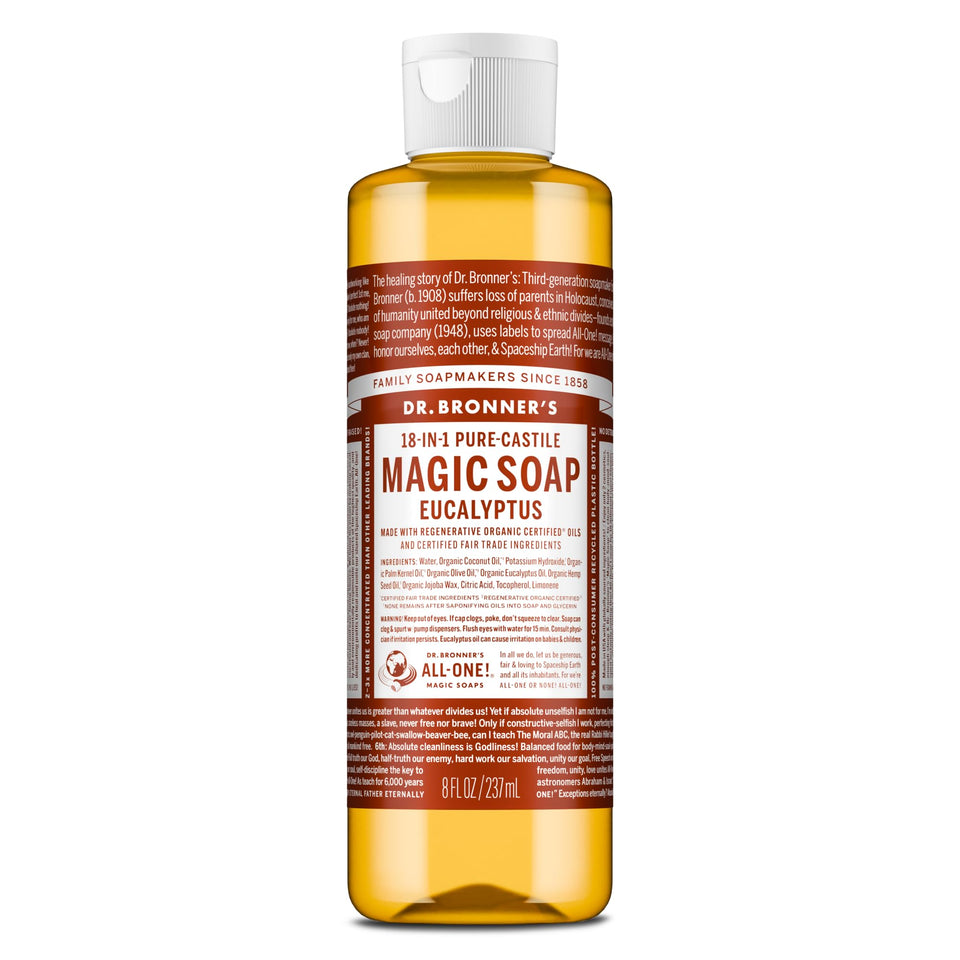 Dr. Bronner's eucalyptus front packaging showing clear brand and scent for quick recognition