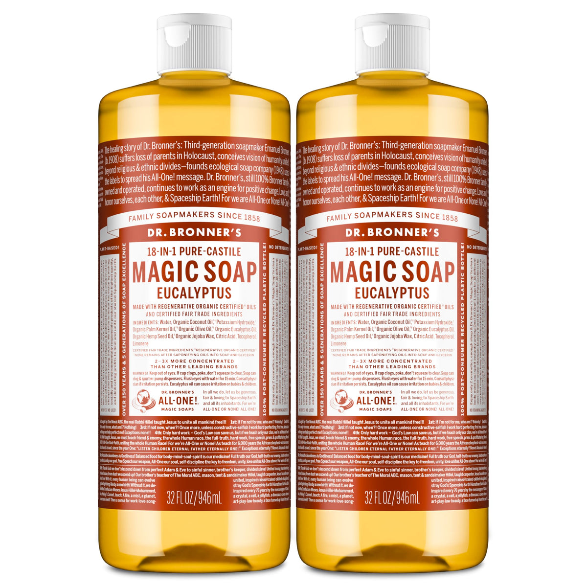 Dr. Bronner's front packaging showing eucalyptus 32oz two-pack and product benefits