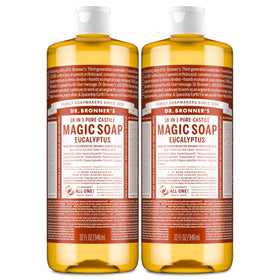 Dr. Bronner's front packaging showing eucalyptus 32oz two-pack and product benefits
