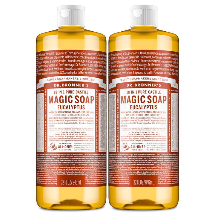 Dr. Bronner's front packaging showing eucalyptus 32oz two-pack and product benefits