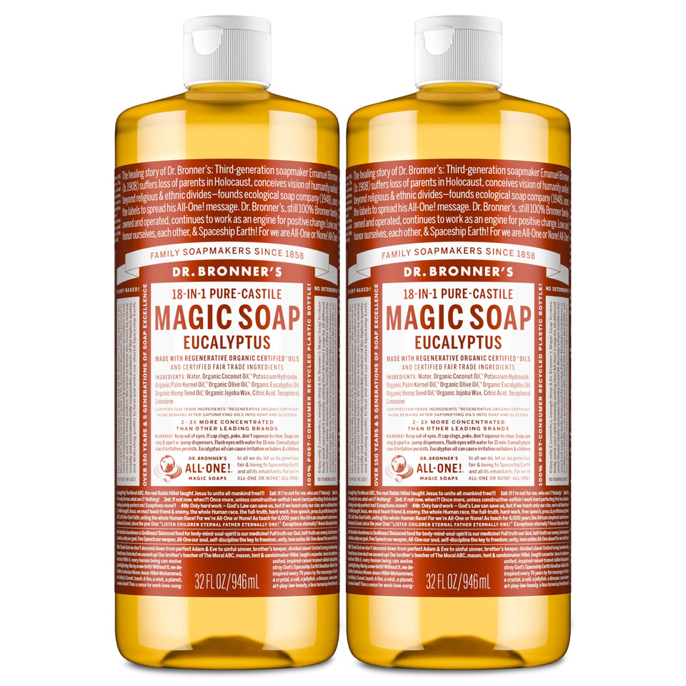 Dr. Bronner's front packaging showing eucalyptus 32oz two-pack and product benefits
