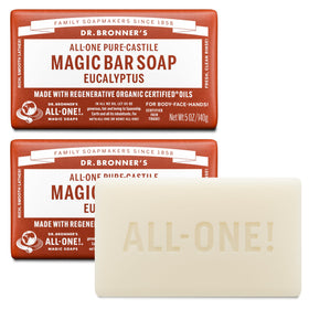 Dr. Bronner's eucalyptus front packaging showing two wrapped bars and product name