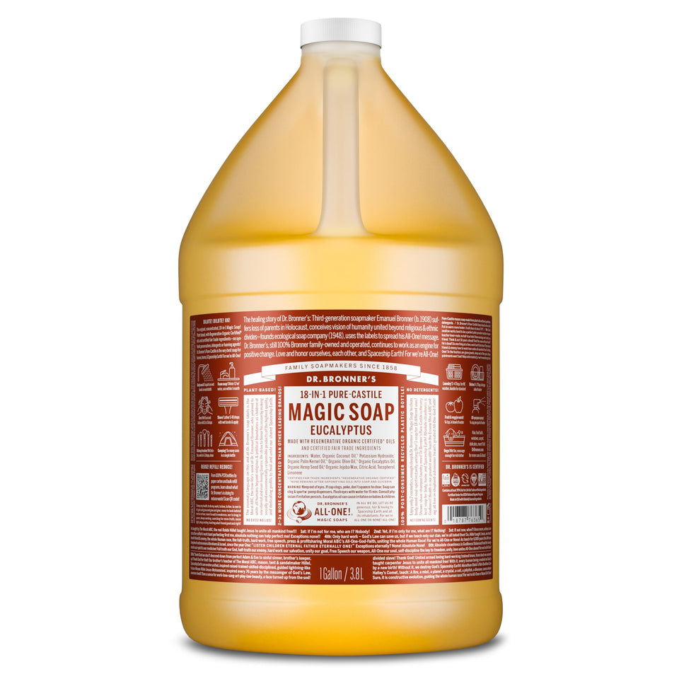 Dr. Bronner's gallon front label showing product and benefits