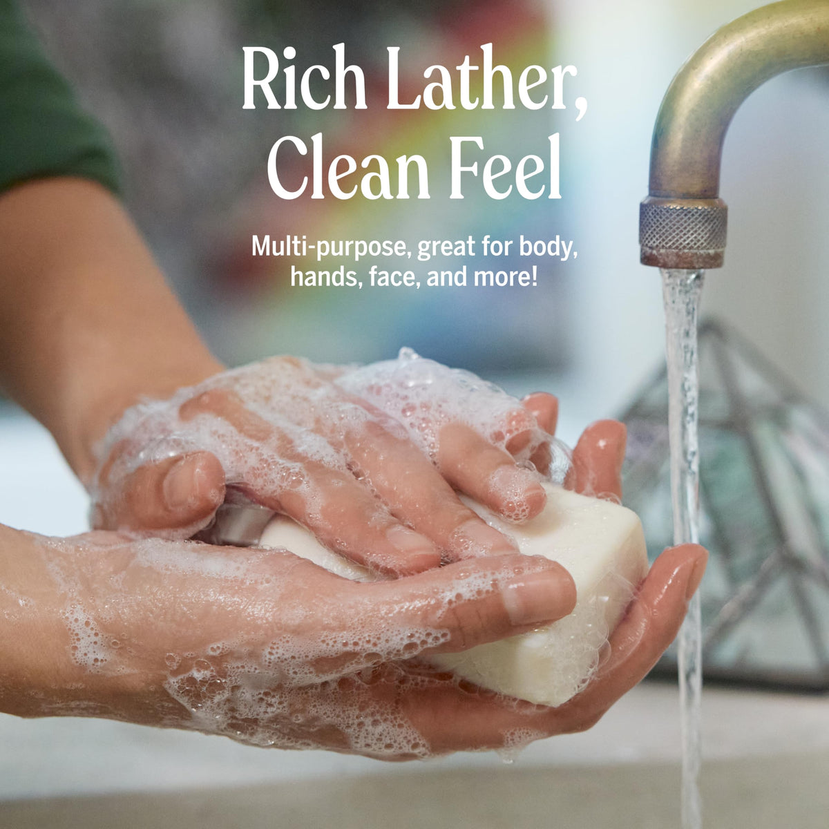 Dr. Bronner's eucalyptus rich lather on hand demonstrating effective cleansing
