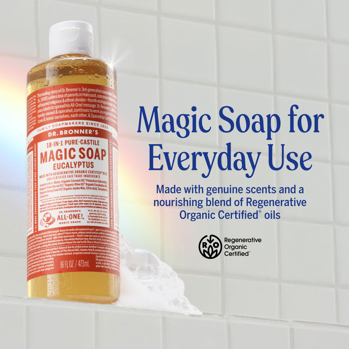 Dr. Bronner's eucalyptus soap pouring to produce rich lather for effective cleansing