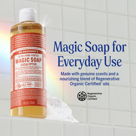 Dr. Bronner's eucalyptus soap pouring to produce rich lather for effective cleansing