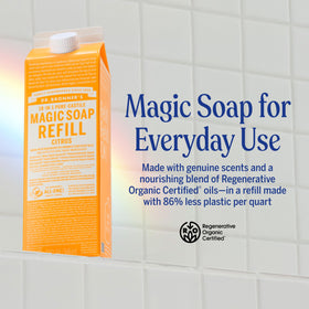 Dr. Bronner's refill carton pour spout detail for easy, spill-free refills