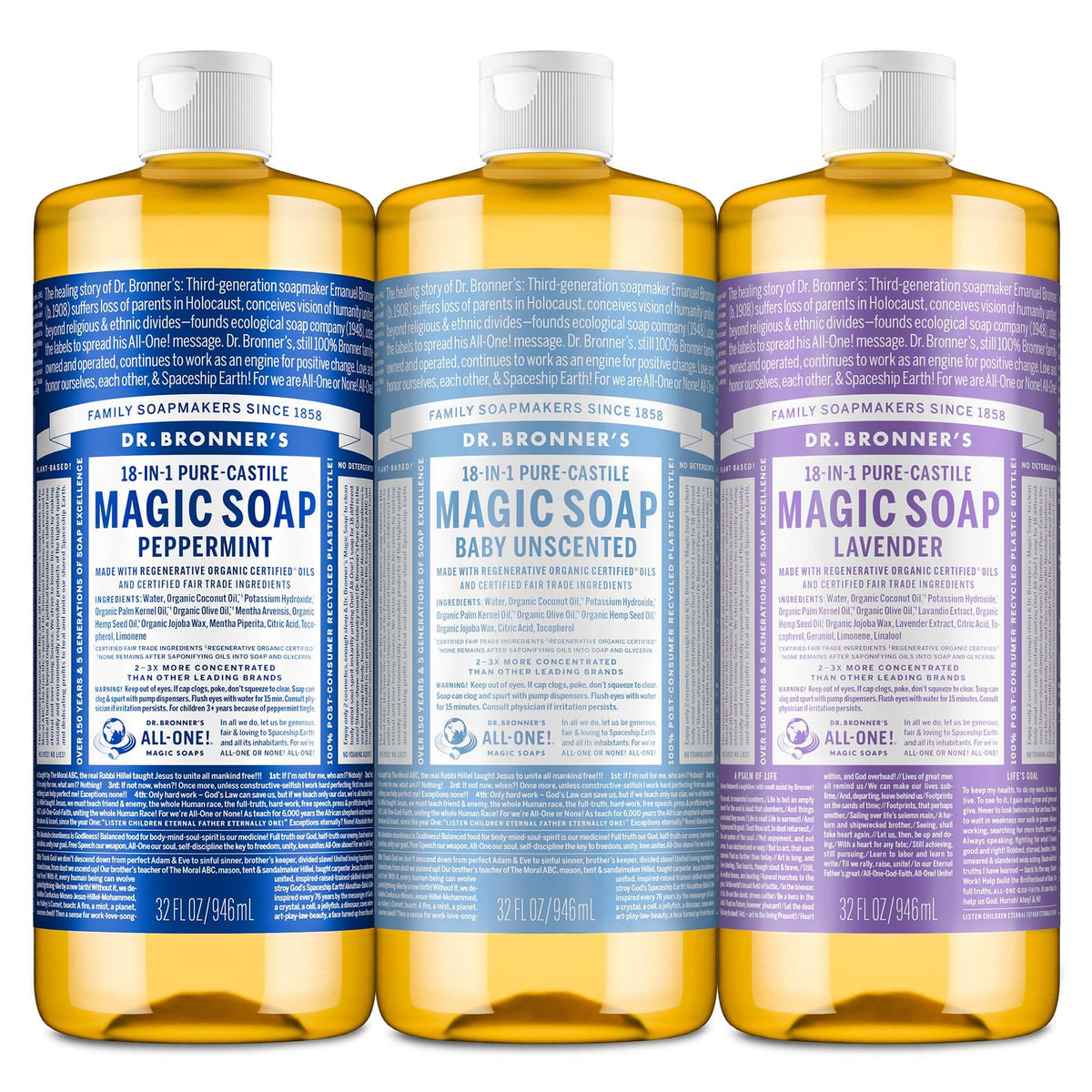 Dr. Bronner's front pack showing peppermint, baby unscented, lavender options for versatile cleansing