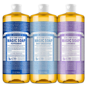 Dr. Bronner's front pack showing peppermint, baby unscented, lavender options for versatile cleansing