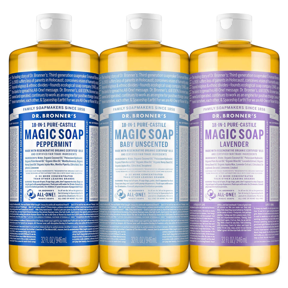 Dr. Bronner's front pack showing peppermint, baby unscented, lavender options for versatile cleansing