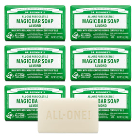 Dr. Bronner's front packaging showing almond magic bar and eco benefits