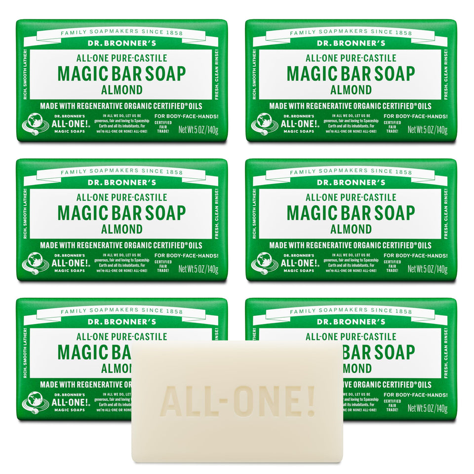 Dr. Bronner's front packaging showing almond magic bar and eco benefits