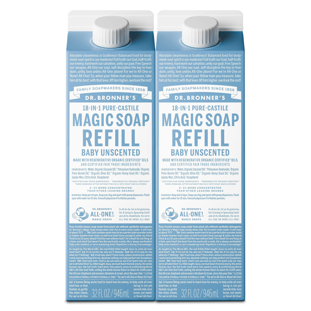 Dr. Bronner's front packaging showing two 32oz unscented refill cartons benefits low-waste