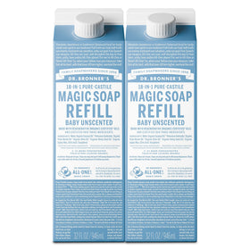 Dr. Bronner's front packaging showing two 32oz unscented refill cartons benefits low-waste