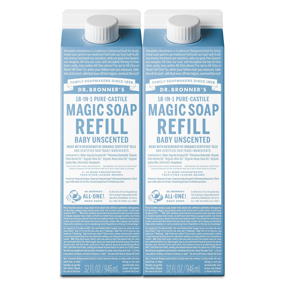 Dr. Bronner's front packaging showing two 32oz unscented refill cartons benefits low-waste