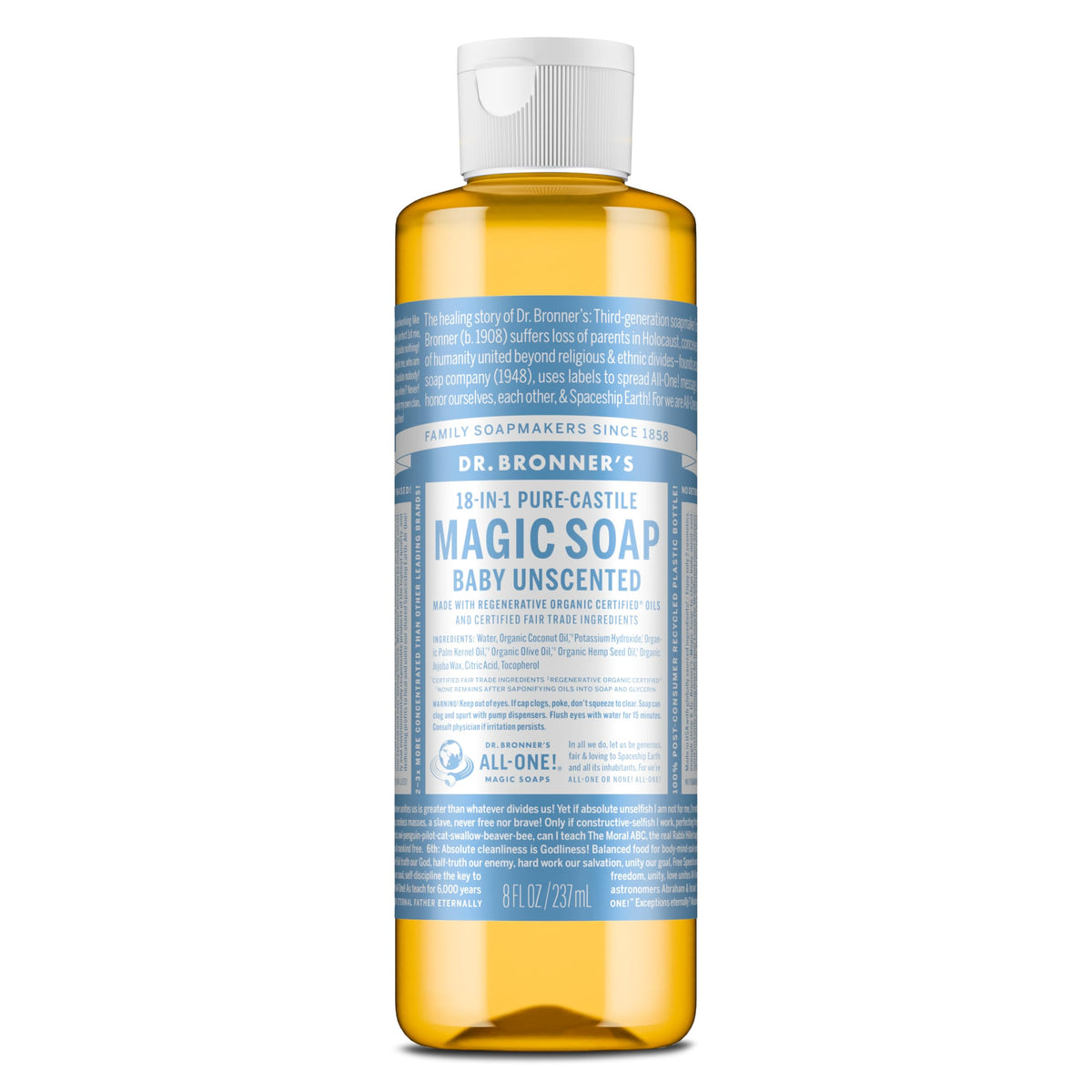 Dr. Bronner's front bottle view showing unscented baby soap and gentle cleansing benefits