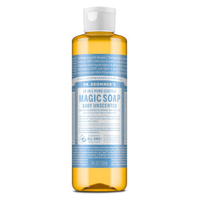 Dr. Bronner's front bottle view showing unscented baby soap and gentle cleansing benefits