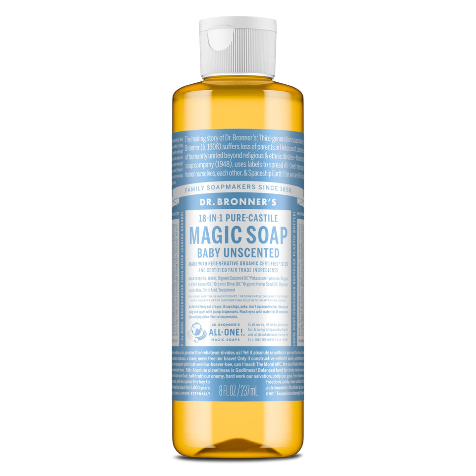 Dr. Bronner's front bottle view showing unscented baby soap and gentle cleansing benefits