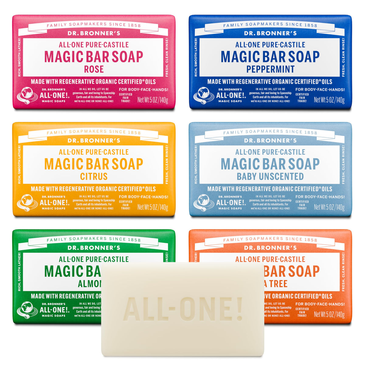 Dr. Bronner's variety gift pack front packaging showing six 5 oz bars and sustainable message