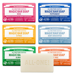 Dr. Bronner's variety gift pack front packaging showing six 5 oz bars and sustainable message