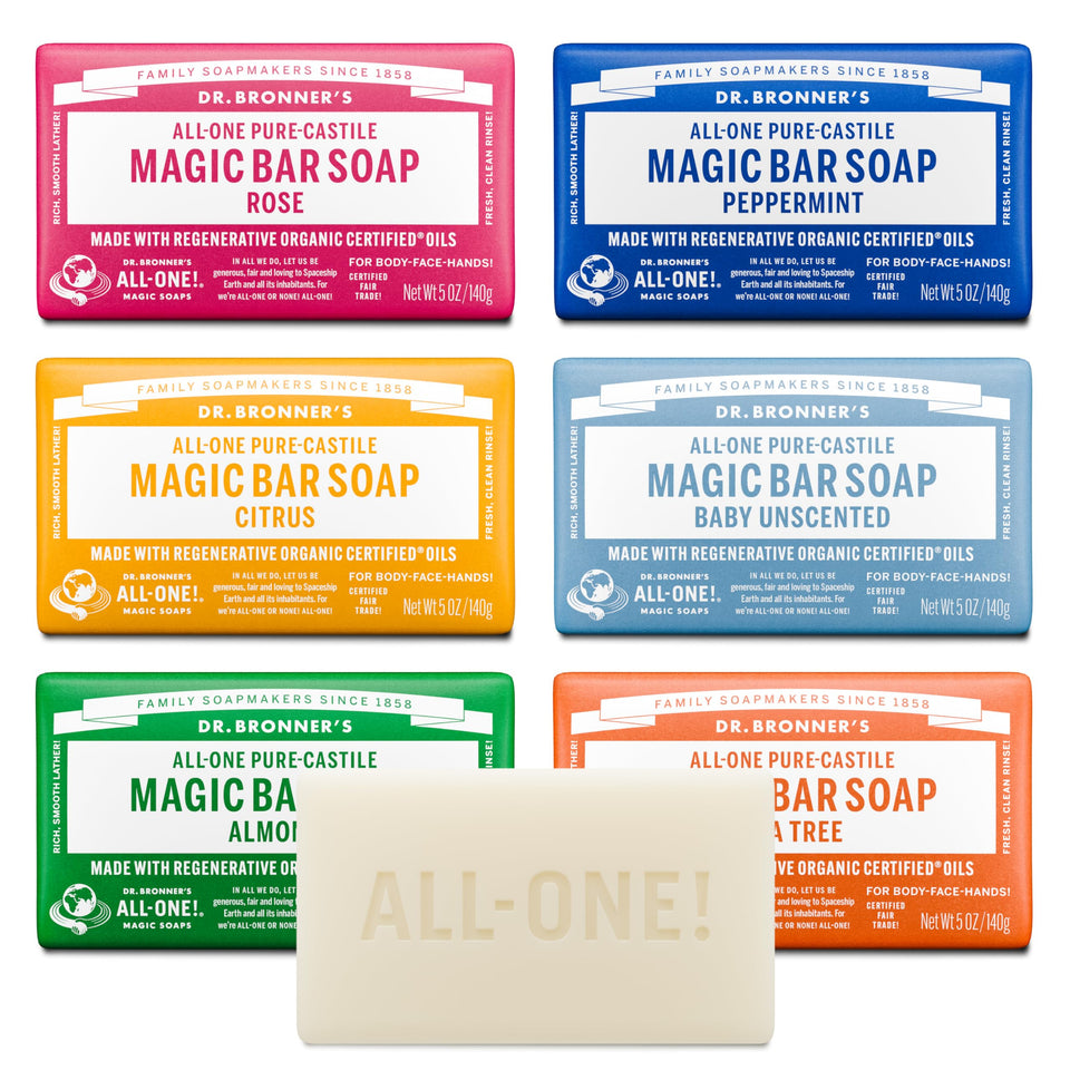 Dr. Bronner's variety gift pack front packaging showing six 5 oz bars and sustainable message