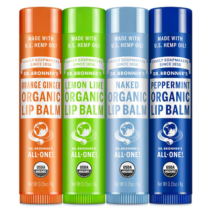 Dr. Bronner's front packaging showing four organic lip balms and variety benefits
