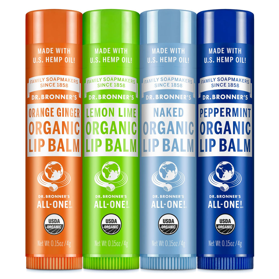 Dr. Bronner's front packaging showing four organic lip balms and variety benefits