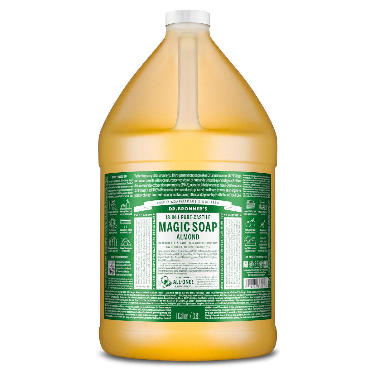 Dr. Bronner's gallon front label showing almond soap benefits and size