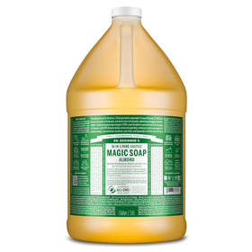Dr. Bronner's gallon front label showing almond soap benefits and size