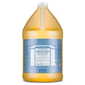 Dr. Bronner's gallon front label showing product name and benefits for clear identification