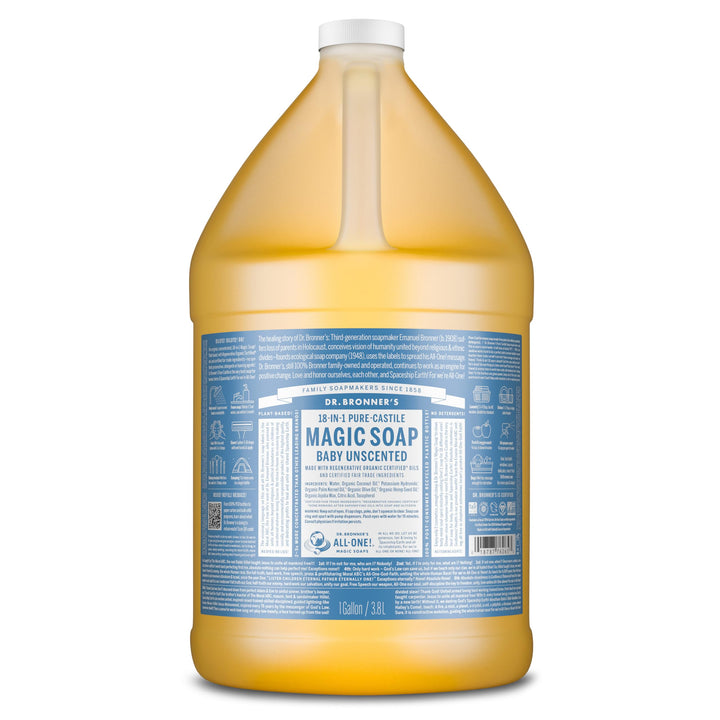 Dr. Bronner's gallon front label showing product name and benefits for clear identification