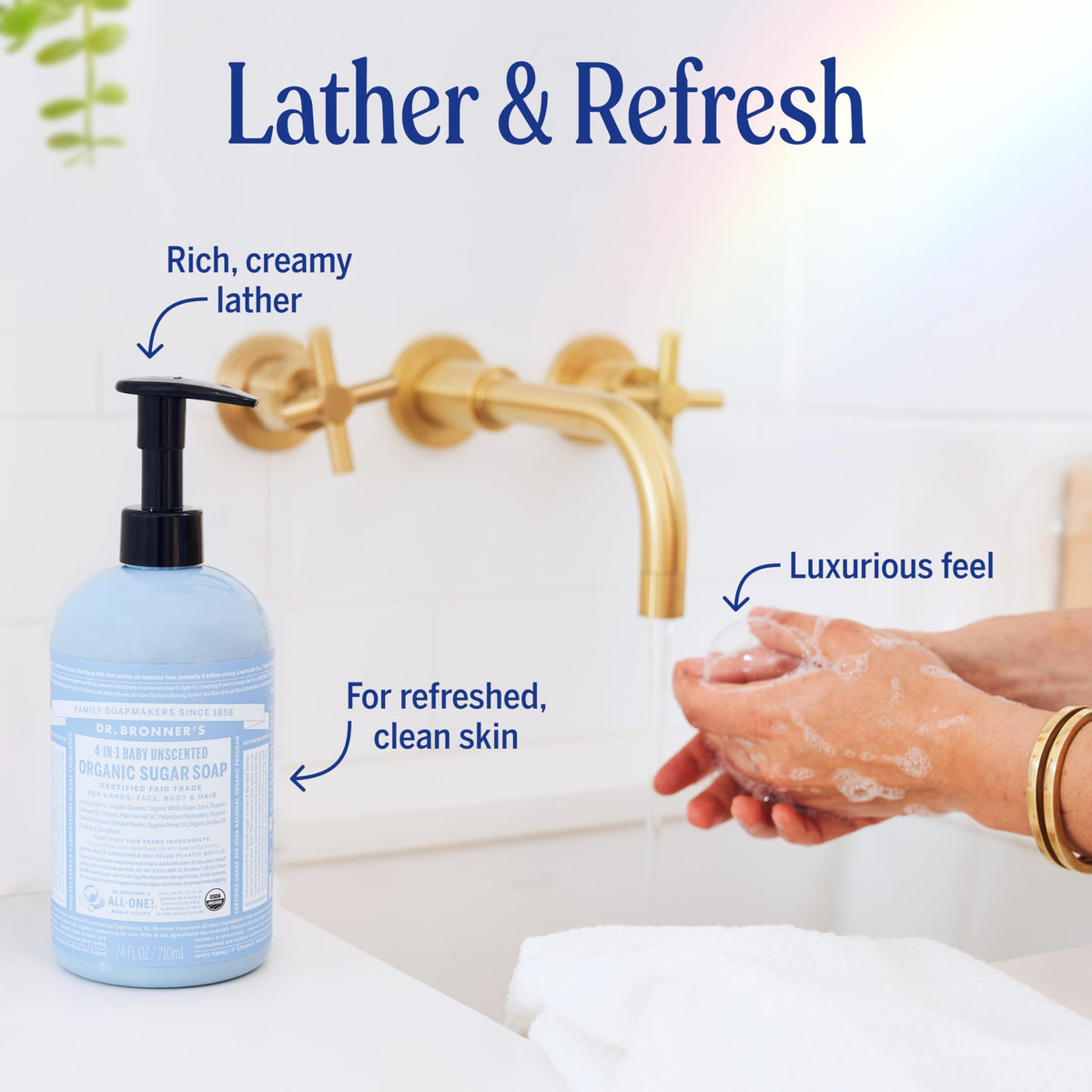 Dr. Bronner's used as hair rinse in shower for conditioned, clean hair benefit