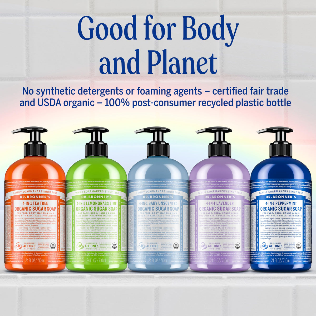 Dr. Bronner's product in bathroom lifestyle conveying refreshing daily use