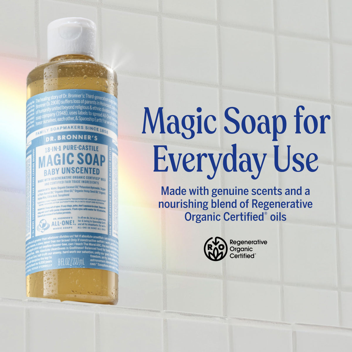 Dr. Bronner's label close-up highlighting organic and fair trade ingredients benefits