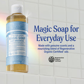 Dr. Bronner's label close-up highlighting organic and fair trade ingredients benefits