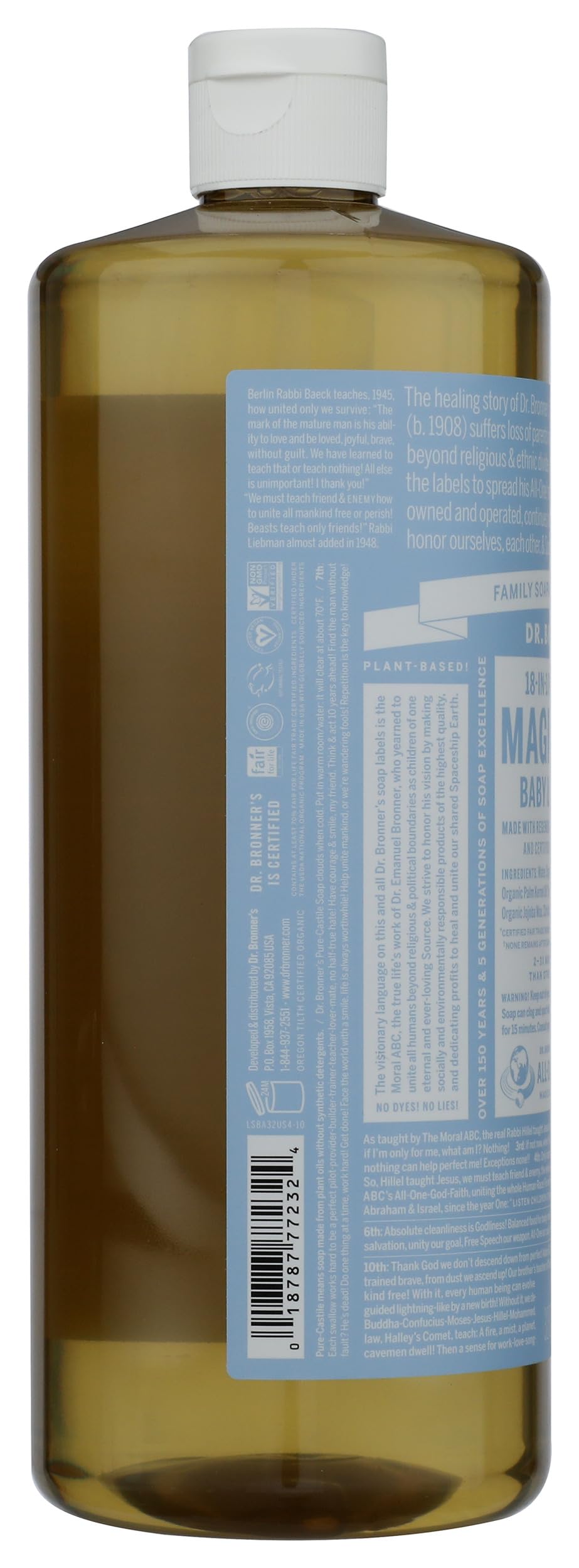 Dr. Bronner's label close-up displaying organic ingredients and certifications