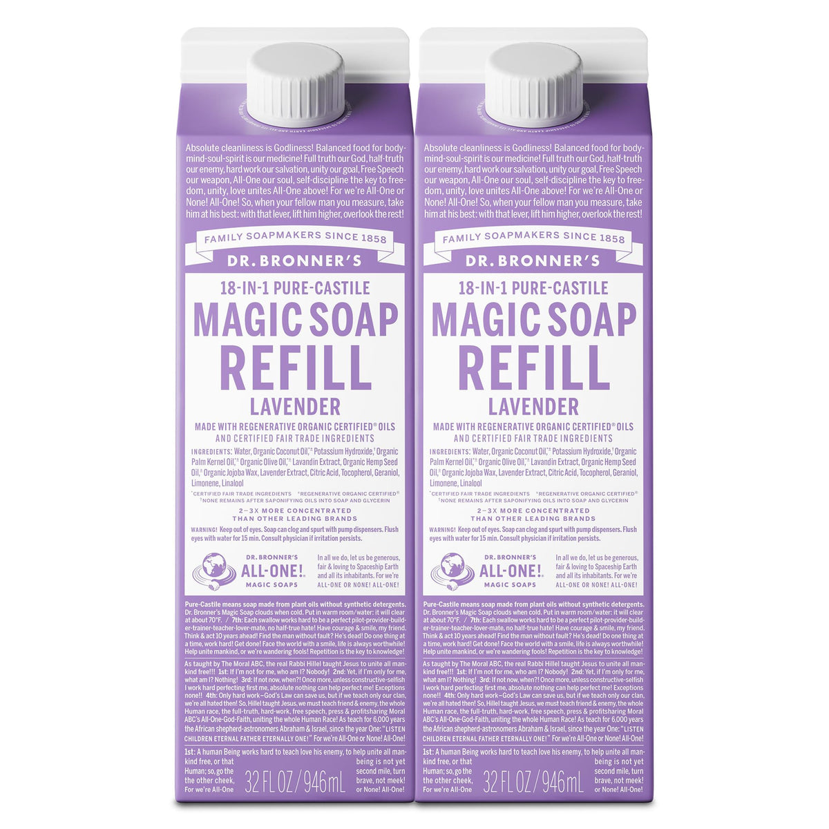 Dr. Bronner's lavender carton front showing label and size, highlights concentrated refill benefit