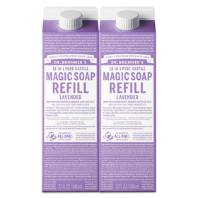 Dr. Bronner's lavender carton front showing label and size, highlights concentrated refill benefit
