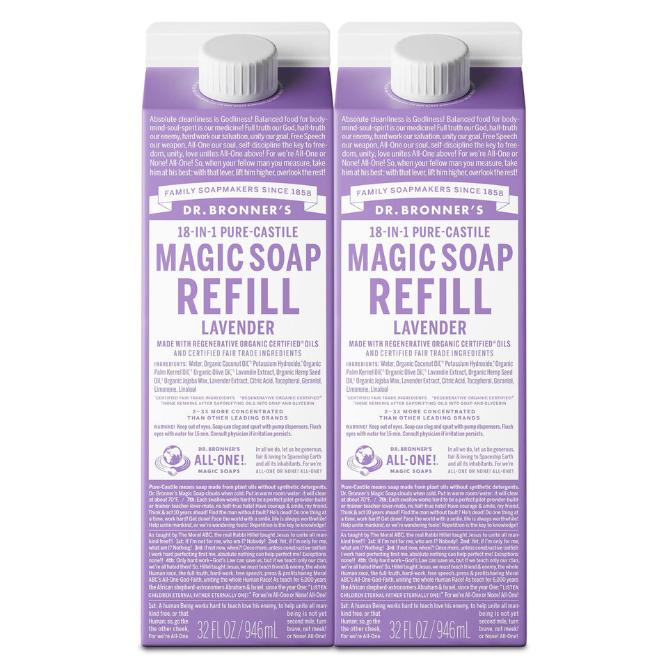 Dr. Bronner's lavender carton front showing label and size, highlights concentrated refill benefit