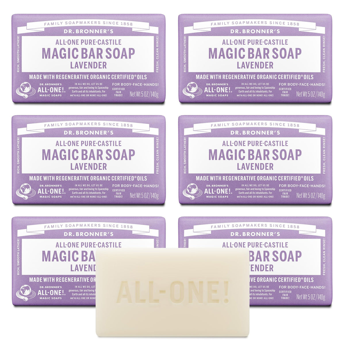 Dr. Bronner's lavender bar front packaging showing brand and calming scent benefit
