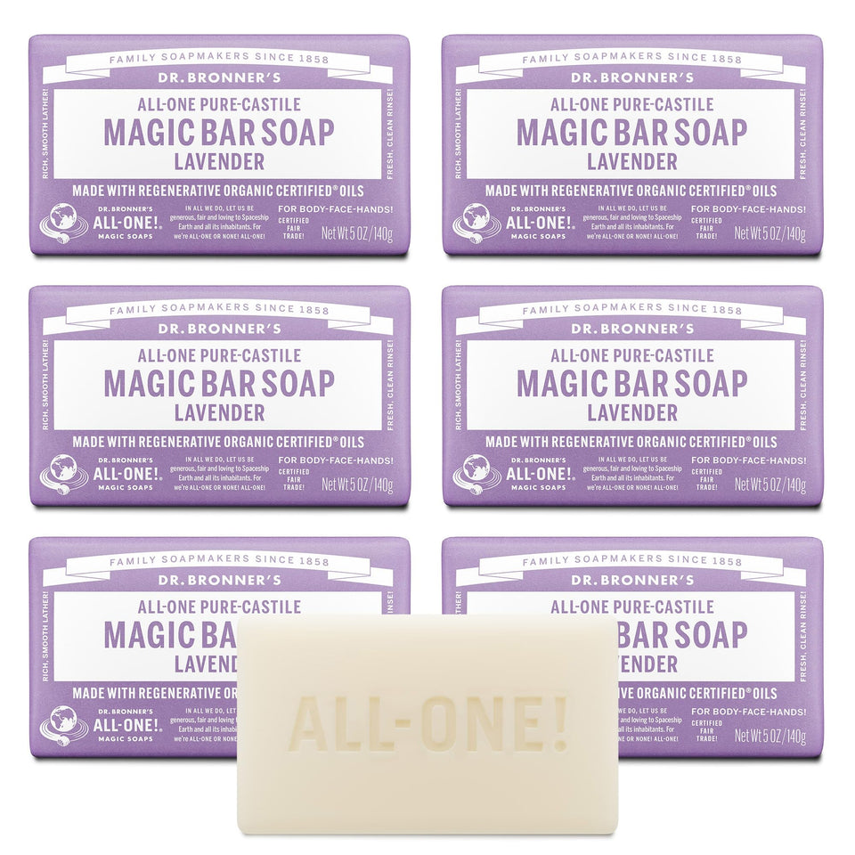 Dr. Bronner's lavender bar front packaging showing brand and calming scent benefit