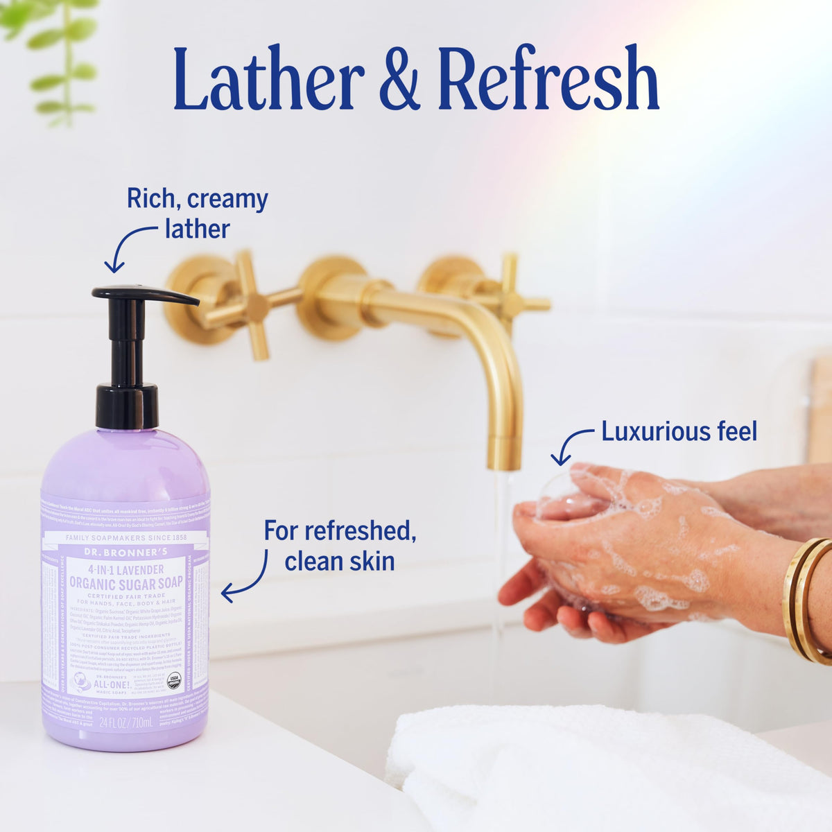 Dr. Bronner's bottle scale next to hand illustrating 24 ounce size and lasting use