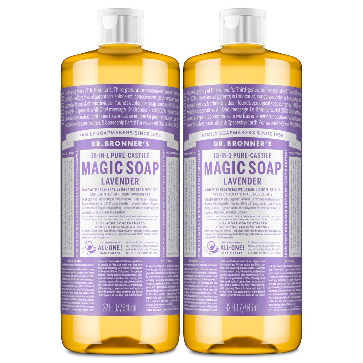 Dr. Bronner's front label showing lavender scent and certifications for trustworthy choice