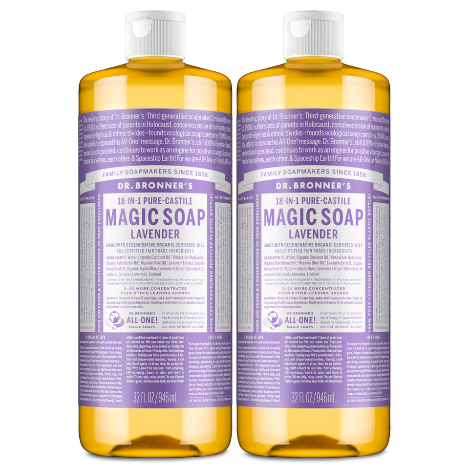 Dr. Bronner's front label showing lavender scent and certifications for trustworthy choice