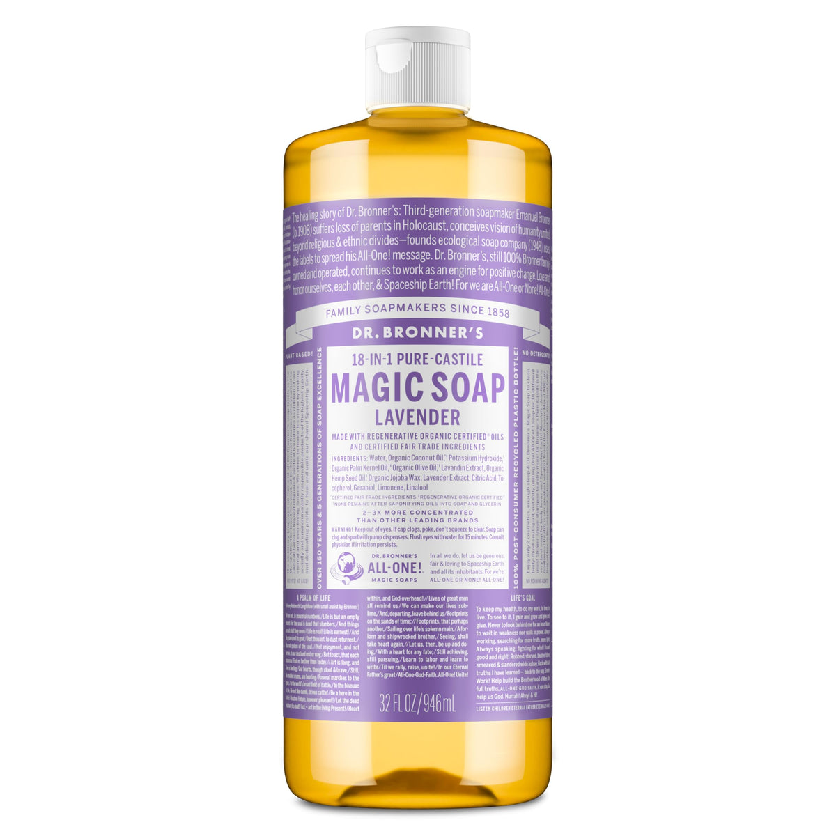 Dr. Bronner's bottle front label showing lavender scent and certifications for natural use