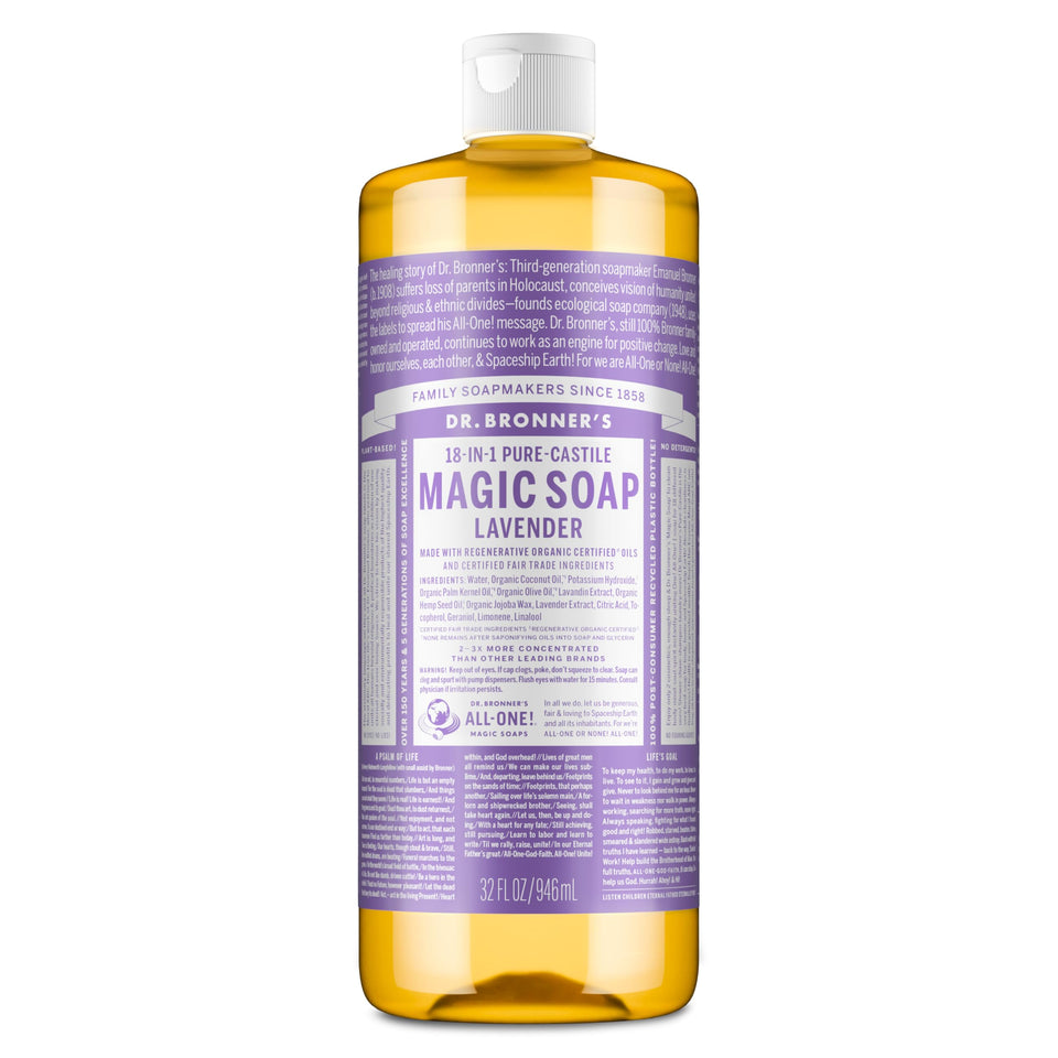 Dr. Bronner's bottle front label showing lavender scent and certifications for natural use